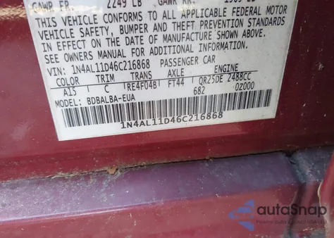 2006 Nissan Altima 2.5 S z USA, uszkodzony, nr VIN 1N4AL11D46C216868